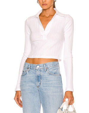 Helmut Lang Ribbed White Crop Polo Top Size L